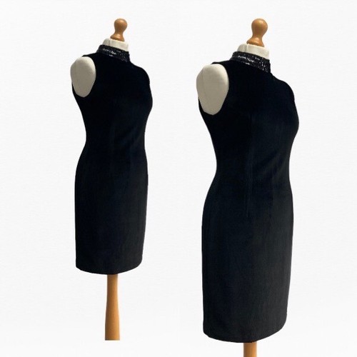 Vintage Dress Size 10 Black 90s Velvet Sequin Neck Party Iconic WALLIS LBD Glam - Picture 2 of 24