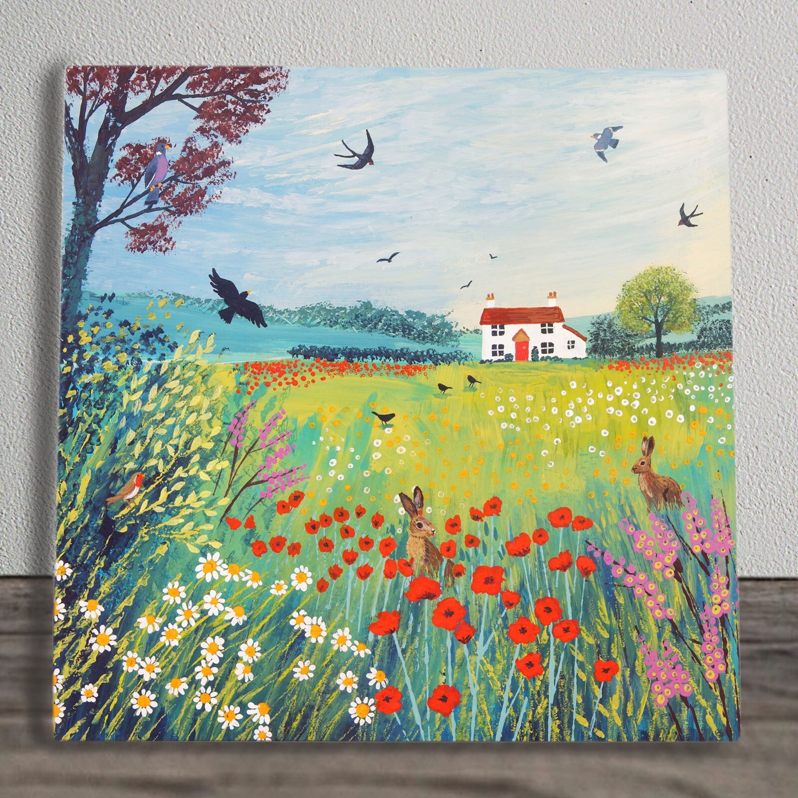 Summer Meadow Ceramic Tile Picture Plaque Sign Floral Hare Art Jo Grundy 20x20cm