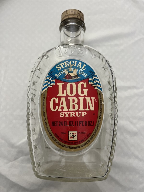 Log Cabin Syrup Bottles 8” Flask 1776-1976 Bicentennial Glass Vintage