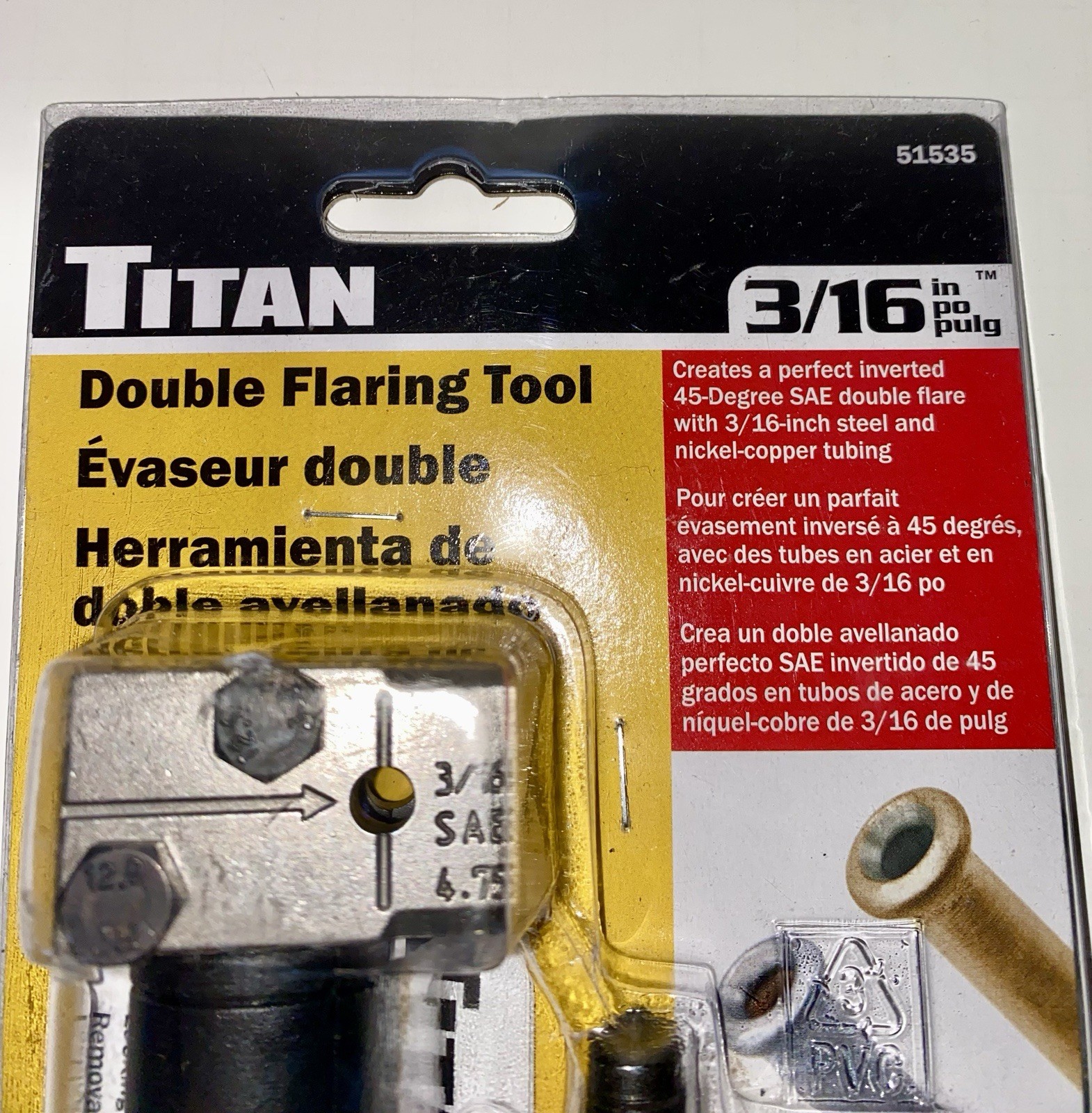 TITAN Double Flaring Tool 45-Deg SAE 3/16" Steel Nickel Tube 51535 Brake Line