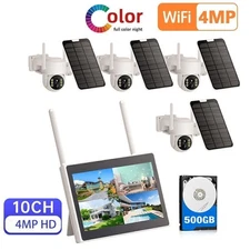 Solar Power Wireless Security Wifi IP PTZ Camera 10" LCD NVR Display System 500G