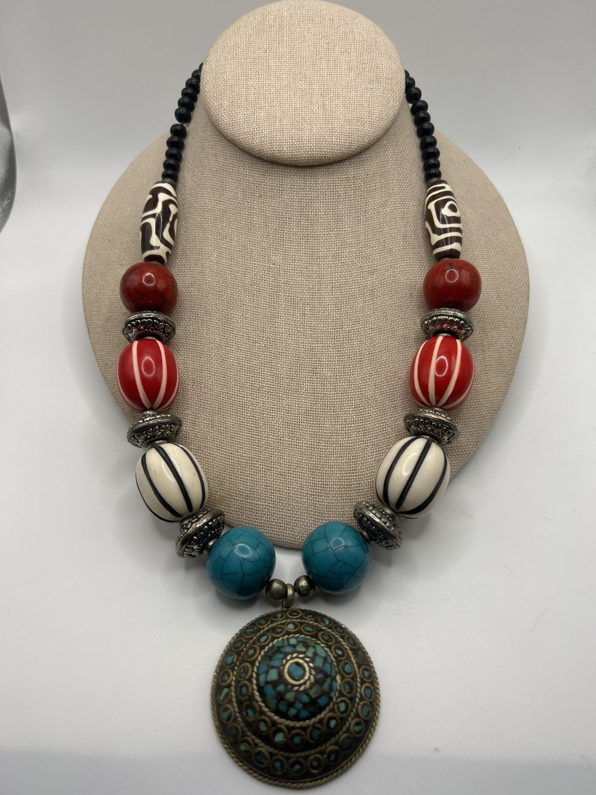 Boho Brass Statement Pendant Necklace Womens Bead… - image 1