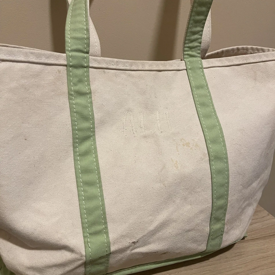 Bolso de Mano LL Bean XL De Colección Mango Largo Blanco/Verde Claro Años 80 Rígido Grueso Foto 3 de 4