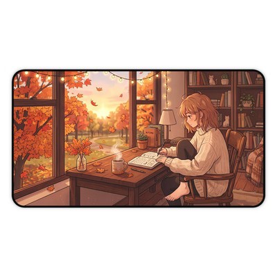 Autumn Study Desk Mat | Lo-Fi Anime Girl Journal Gaming Mousepad Extended 