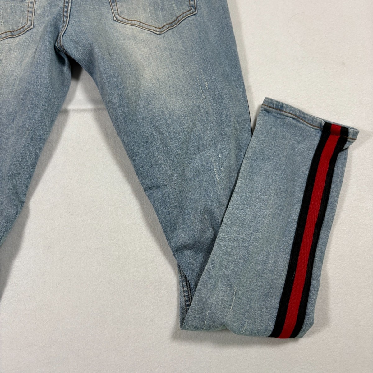 Serenade mens jeans 34 light wash distressed skinny red stripe Y2K