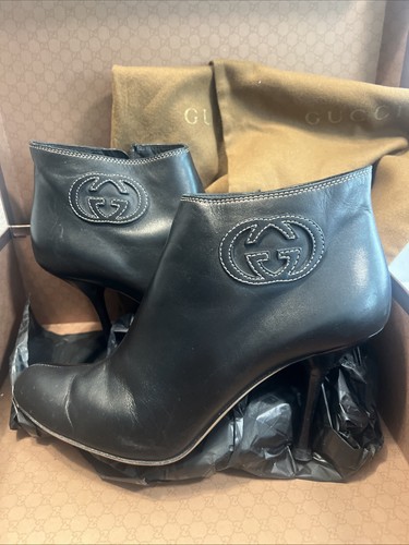 Gucci Stiefel 8,5 High Heel GG Logo Schwarz Leder Pumps Stiefelette Kontrastnaht
