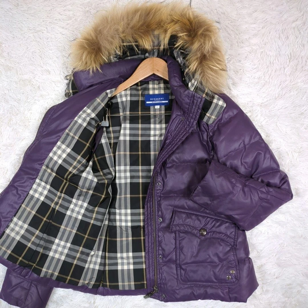 BURBERRYブルーレーベルsize38 Burberry Blue Label Down Jacket Raccoon Fur Nova Check Hood