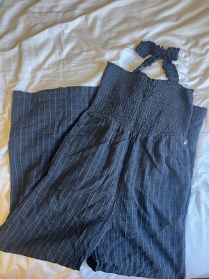 Roxy Women M Blue/Navy Striped Sleeveless Halter Jumpsuit Casual Summer Pockets