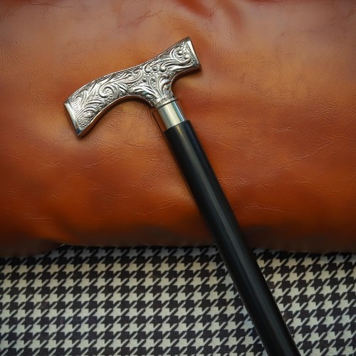 Engraved Silver Handle Walking Cane Black Wooden Vintage Style Support Stick - Picture 5 of 7