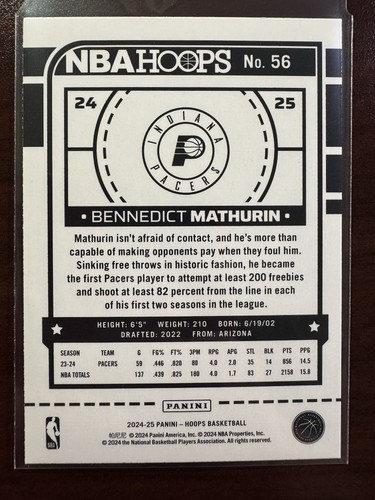 2024-25 Panini NBA Hoops #56 Bennedict Mathurin - Indiana Pacers - Bild 2 von 2