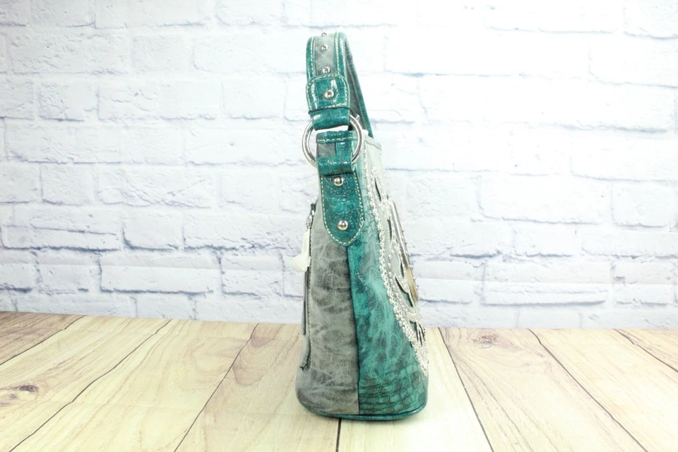 Bolso de Mano Montana West Medalla Caballo Ornamento Verde Gris Asa Única RARO Foto 4 de 4