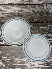 Mix Lot Of 2 Vintage Pyrex Tableware Bowl And Saucer Green And Blue Band
