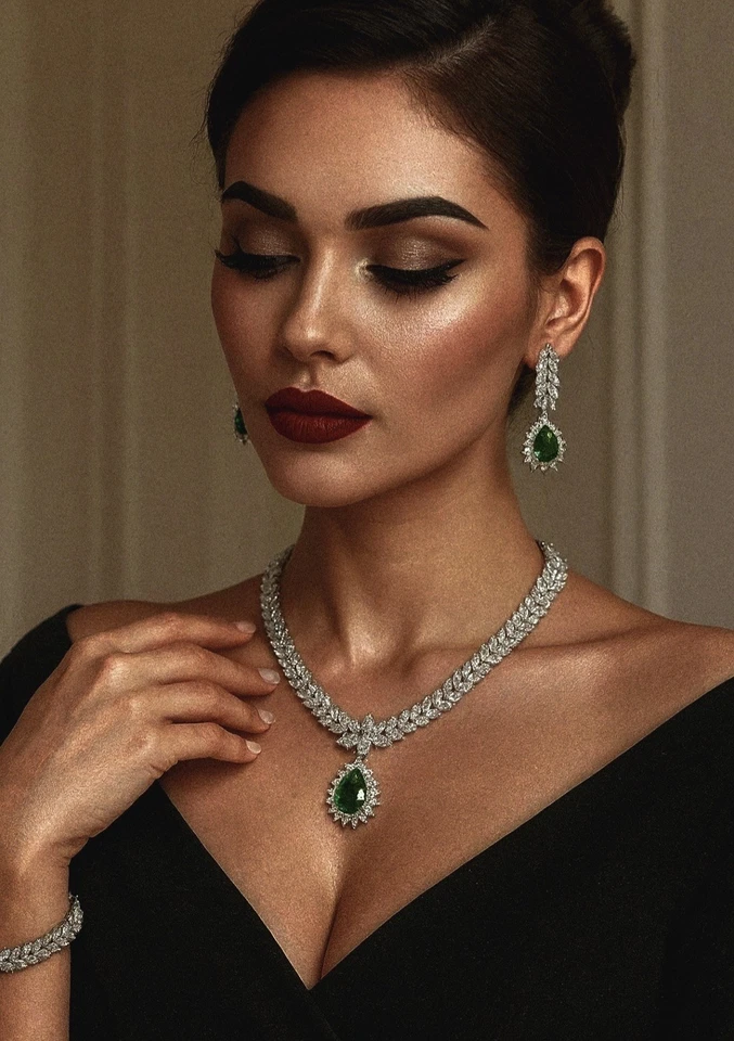 Платиновое покрытие 18k изумрудно-зеленое ожерелье и серьги комплект созданный в лаборатории Swarovski - Изображение 2 из 4