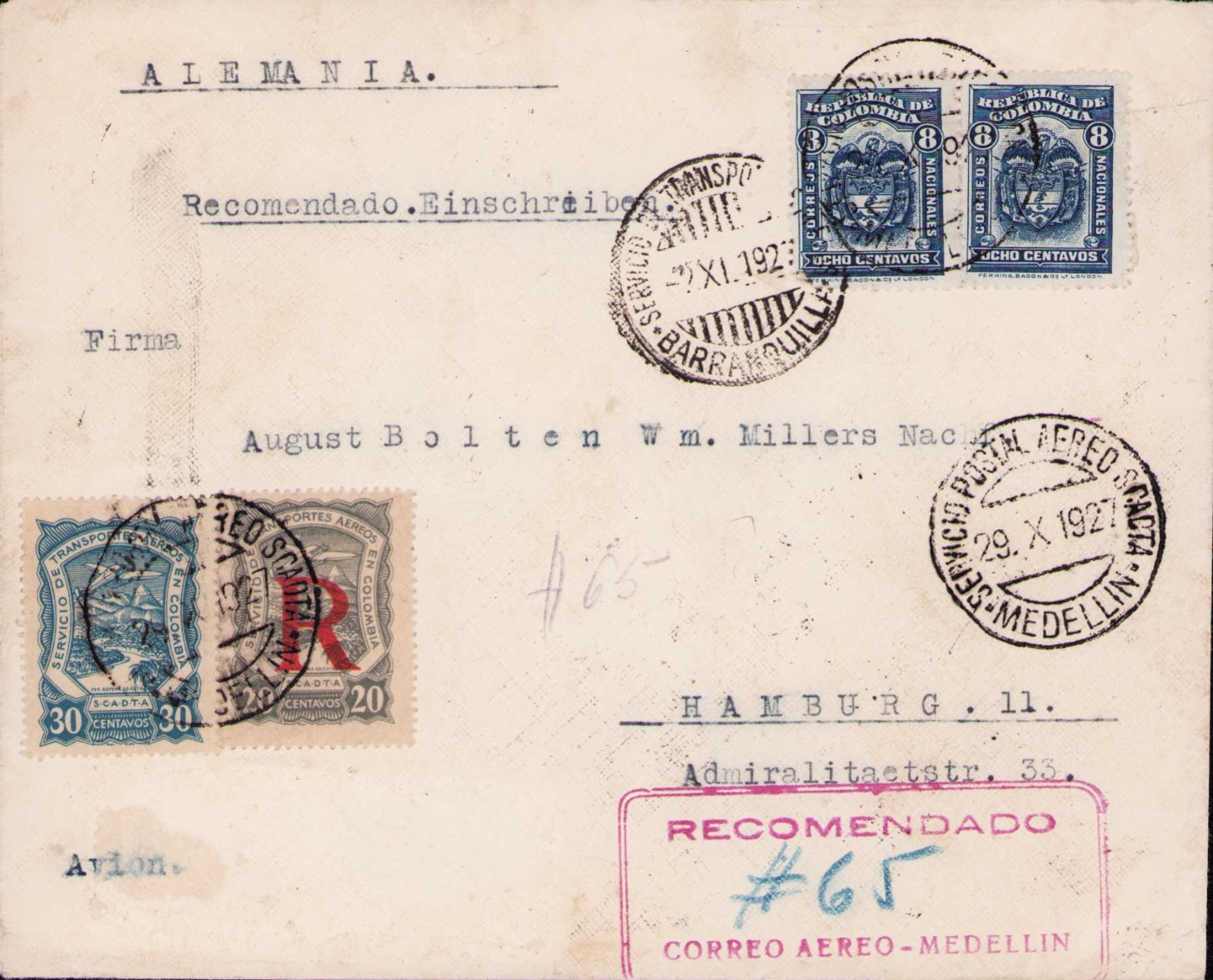 COLOMBIA - GERMANY - SCADTA - 30c REGISTERED COVER - MEDELLIN to HAMBURG - 1927