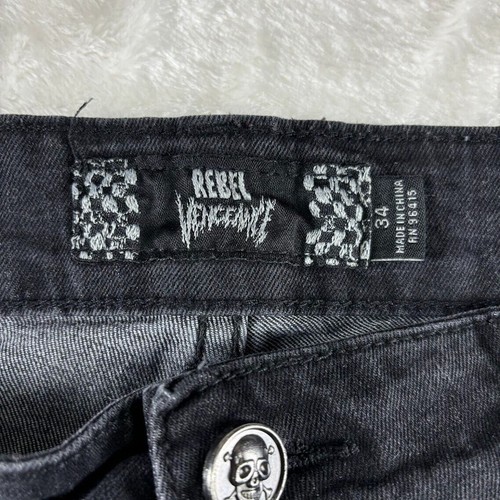 Rebel Vengeance Jeans Black Gray Denim Men's Size 34 Skull Buttons / Rivets - Picture 4 of 7