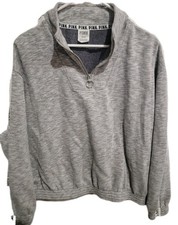 PINK Victoria's Secret Medium Grey Marled Quarter Zip Pullover Sweatshirt Logo