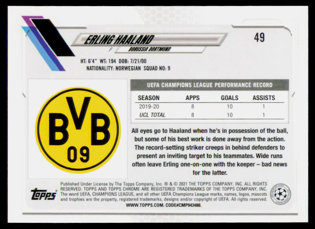2020-21 Topps Chrome UEFA Champions League Erling Haaland 49 Borussia Dortmund view 2