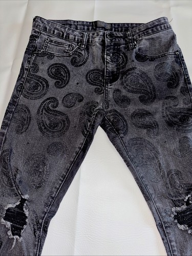 THRT Jeans Mens 32 Slim Fit Black 32x30 Paisleys Distressed Denim - Picture 2 of 8