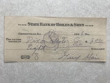 EN3469 State Bank of Hoiles & Sons, Greenville Illinois IL 1926 Cashed Check