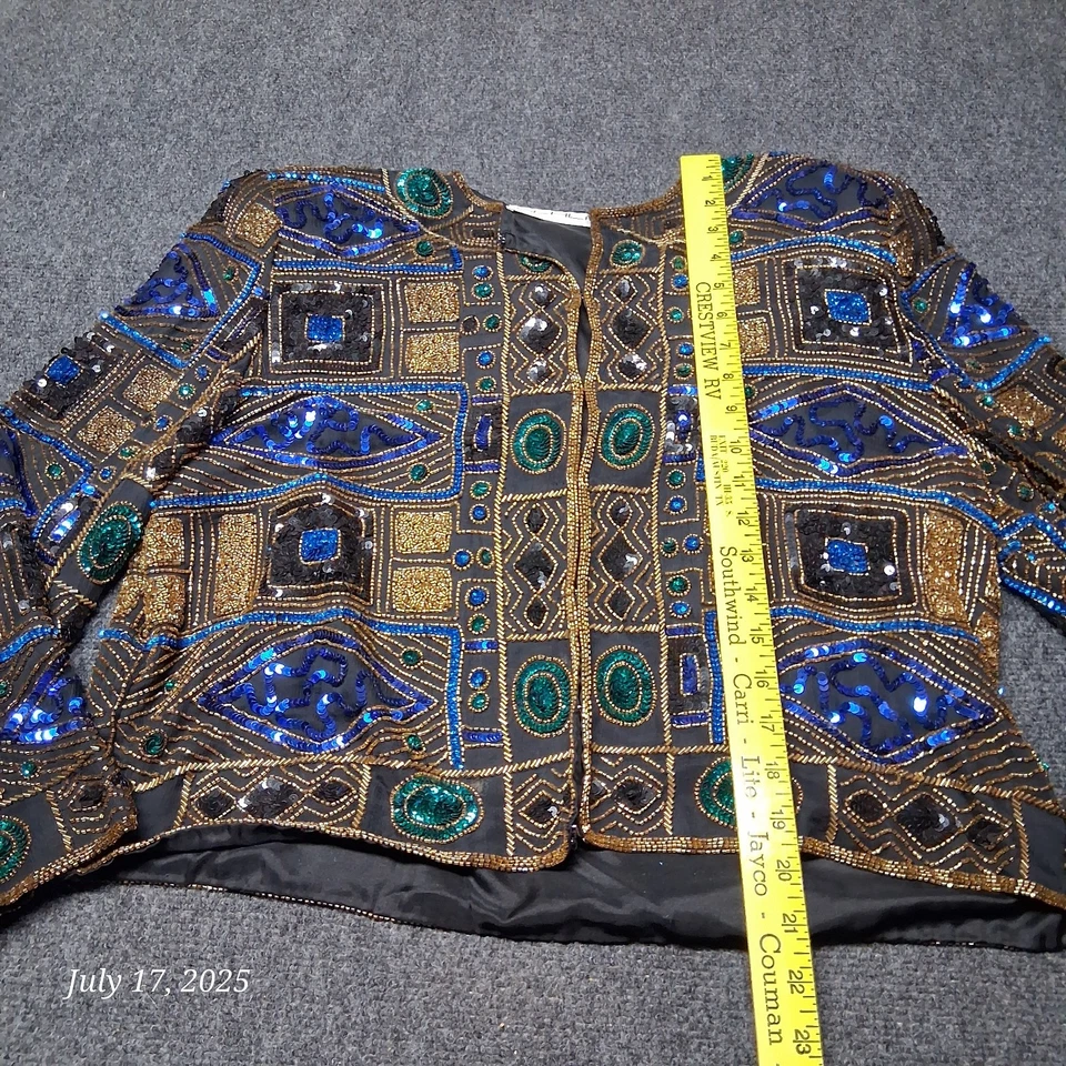 Vintage Scala Sequin Geometric Black Blue Jewel Silk Evening Jacket Size Medium - Image 3 of 4