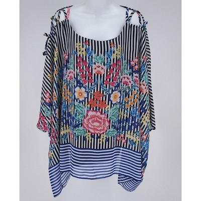 Melissa Paige Woman Floral Stripe Cold Shoulder Blouse Plus Size 1X Multi-Color