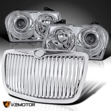Fits 2005-2010 Chrysler 300 Clear Projector Headlights+Vertical Hood Grille