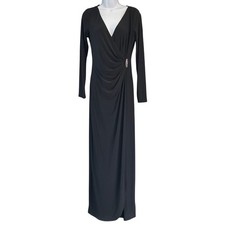 NWT Chaps Evening Gown Black Faux Wrap Rhinestone Brooch Old Hollywood Glam Chic