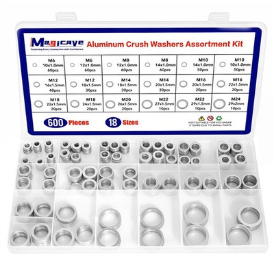 600 Pcs Aluminum Crush Washer Assortment Kit   18 Sizes Oil Drain Plug Gasket...