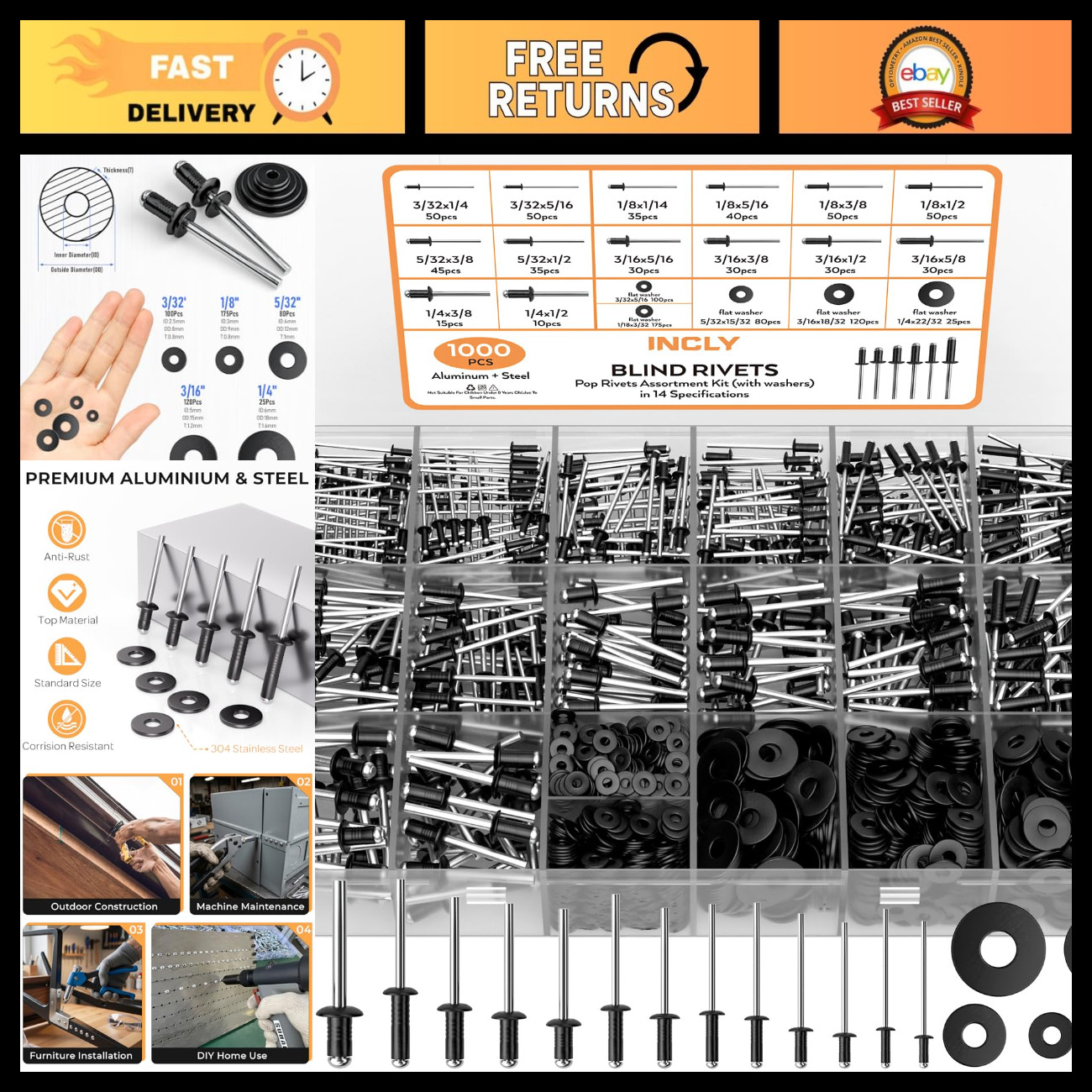 1000 Black Pop Rivets with Washers - Durable Fasteners for DIY Projects