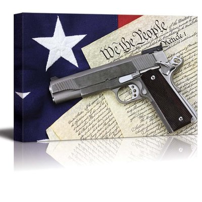 Canvas Prints Wall Art - Handgun Lying Over a Copy of the American Flag- 16''x24''