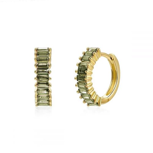 Dainty Olivine Peridot 18K Gold Plated Silver Baguette Huggie Hoop Boho Earrings - Picture 5 of 5