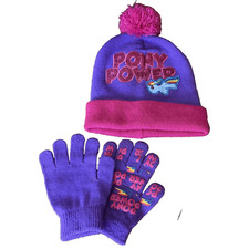 My Little Pony Rainbow Dash Hat Beanie Gloves Set Girls 6-8 Pink Purple Pom