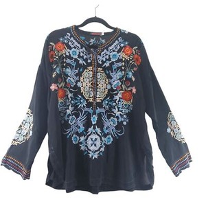 Johnny Was sz S Johrdan Blouse Tunic Tab Sleeve Henley Jordan Embroidered Long