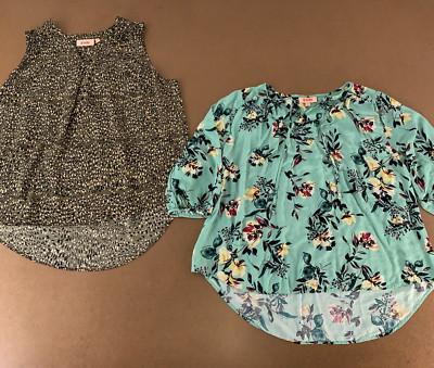 Lot of 2 EVRI Womens Size 1X Green Printed Flowing Pullover High Low Hem Blouses