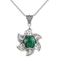 Filigree Malachite Gemstone Blossoming Lotus Flower Pendant Necklace