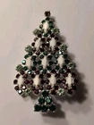 Vintage Kenneth Lane Red & Green Rhinestone Milkglass Christmas Tree Pin Brooch