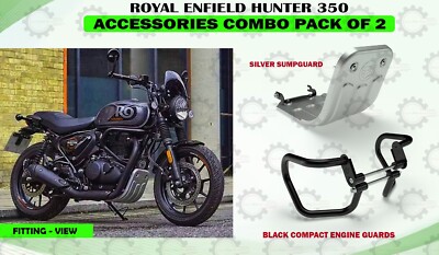 Royal Enfield ''Black Compact Engine Guard & Silver Sump guard For Hunter 350''