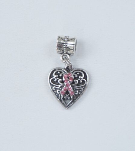 Pink Ribbon Rhinestone Breast Cancer Awareness Charm,Heart,for European bracelet - Picture 1 of 2