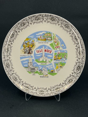1960 Ceramic State Souvenir Plate ILLINOIS 9" Collectible Plate FILLIGREE Border