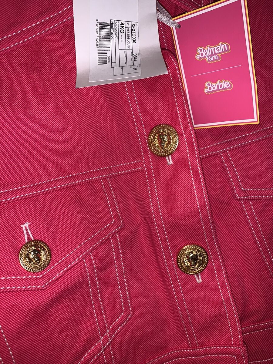 NWT $2395 Balmain X Barbie Logo Patch Cropped Denim Jacket NWT $2395 Balmain X Barbie Logo Patch Cropped Denim Jacket