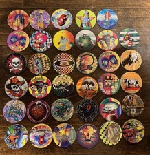 Vintage 90s Pog Lot Of 35 Holographic Shiny Poison Skull Sci-fi Spider Pogs