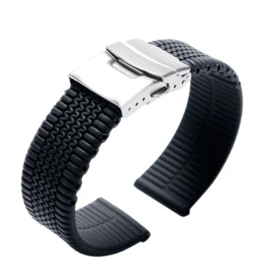 20/22/24mm Black Watch Strap Waterproof Silicone Tire Link Bracelet Wrist Band - Photo 1/4