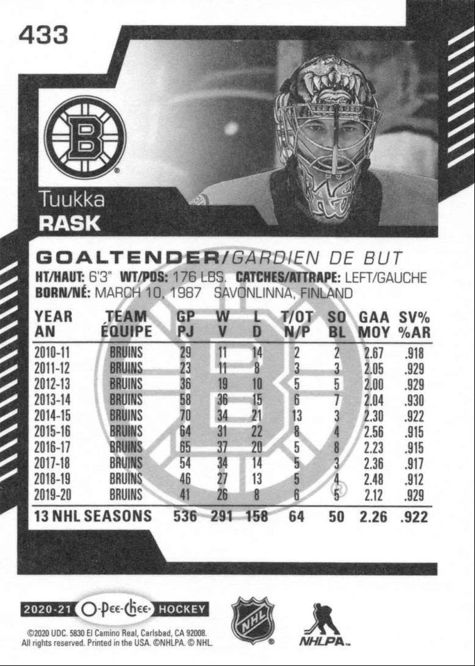 2020-21 O-Pee-Chee Tuukka Rask Boston Bruins #433 - Image 2 of 2