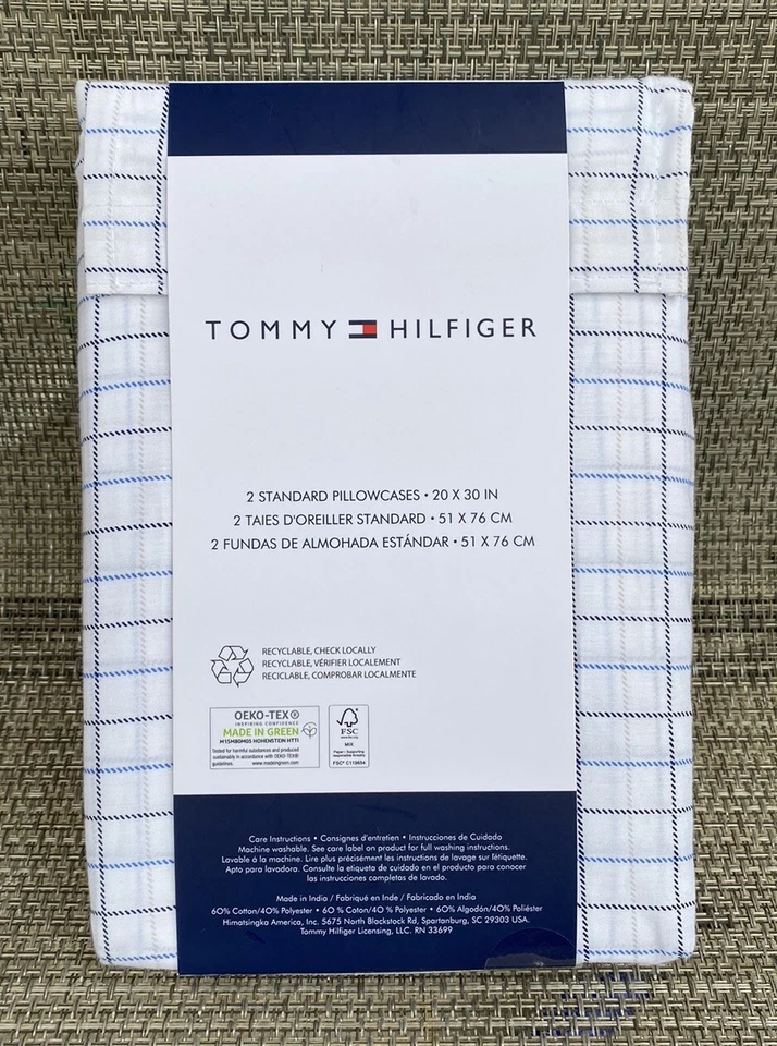 Conjunto de fronha Tommy Hilfiger branco azul xadrez estampado mistura de algodão PADRÃO 2 peças - Imagem 2 de 4