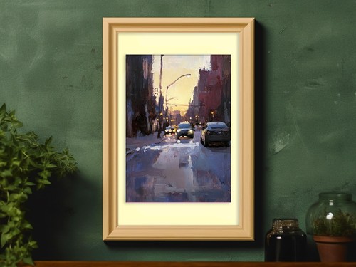 Urban Sunset Street 5"x7" Print on Matte Paper | Atmospheric Cityscape Painting - Picture 7 of 18