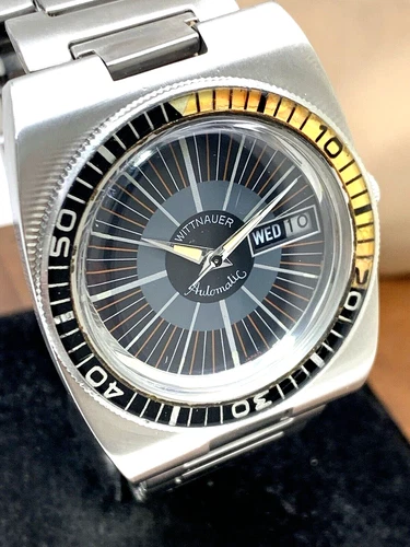 Wittnauer Men's Watch 1003-W100 Diver Vintage Automatic Black Dial Day Date 37mm