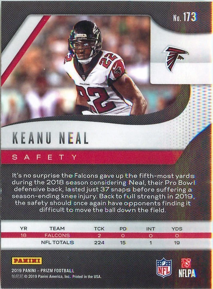 Keanu Neal 2019 Panini Prizm Football Chrome Base Card #173 Atlanta Falcons - Image 2 of 2