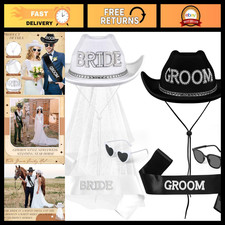 6 Pack Bride Cowgirl Hats with Veil  Groom Cowboy Hats - Wedding Party Accessor