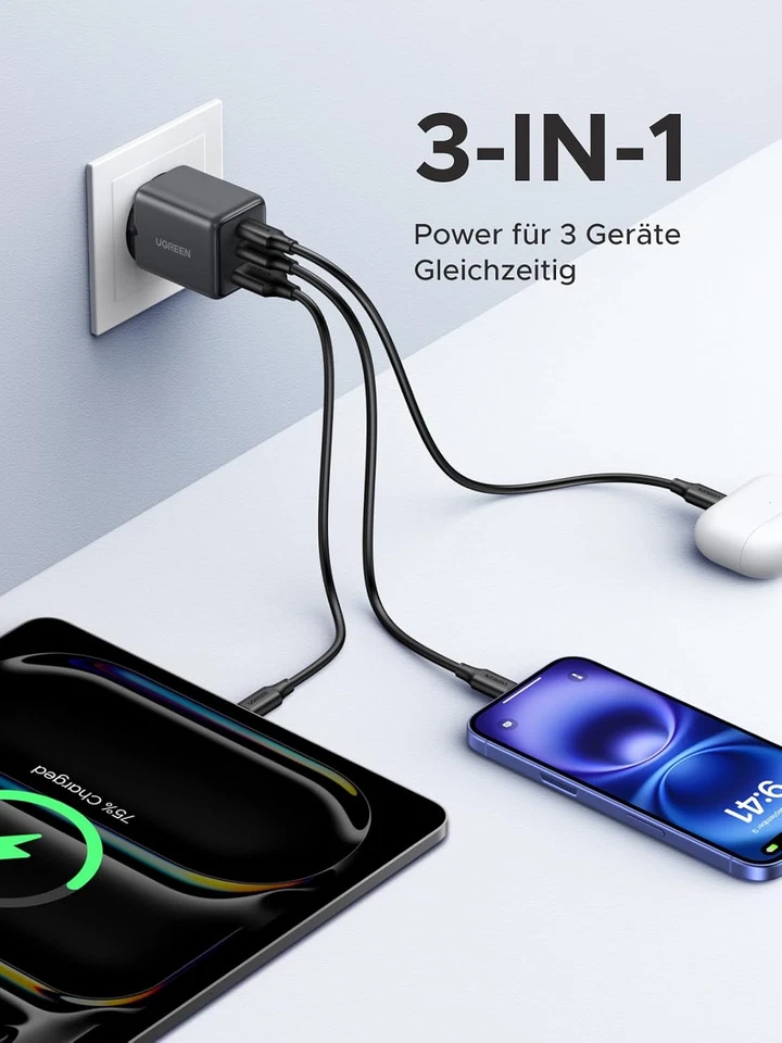 UGREEN 30W GaN USB C Ladegerät 3 Port PD Schnellladegerät Für iPhone Samsung - Bild 3 von 4