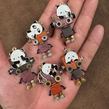 Handmade Punk Robot Keychain with Chinese Panda Charm - Wood Alloy Gear Pendant